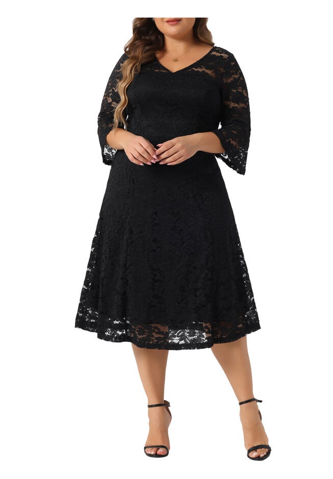 Lace V-Neck 3/4 Sleeve Midi Swing Evening Bridesmaid Dress, Black / Black, alternate image number 4