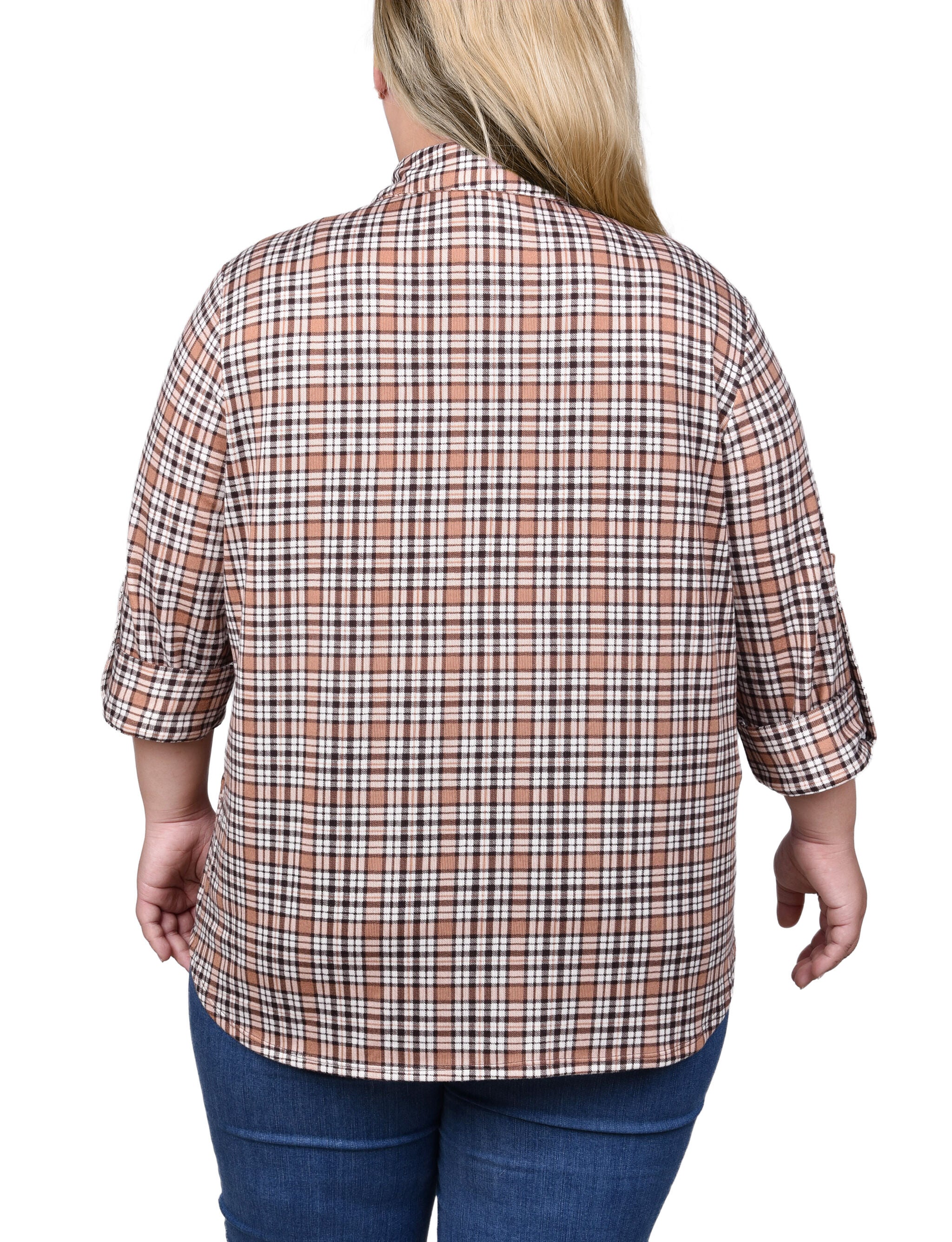 Long Sleeve Button Front Tunic Top, Tan Plaid, alternate image number 1