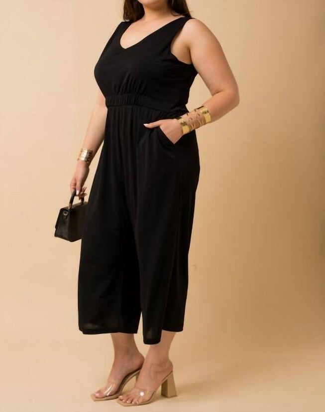 SLEEVELESS V-NECK POCKET WRAP BACK JUMPSUIT IN BLACK, , alternate image number null