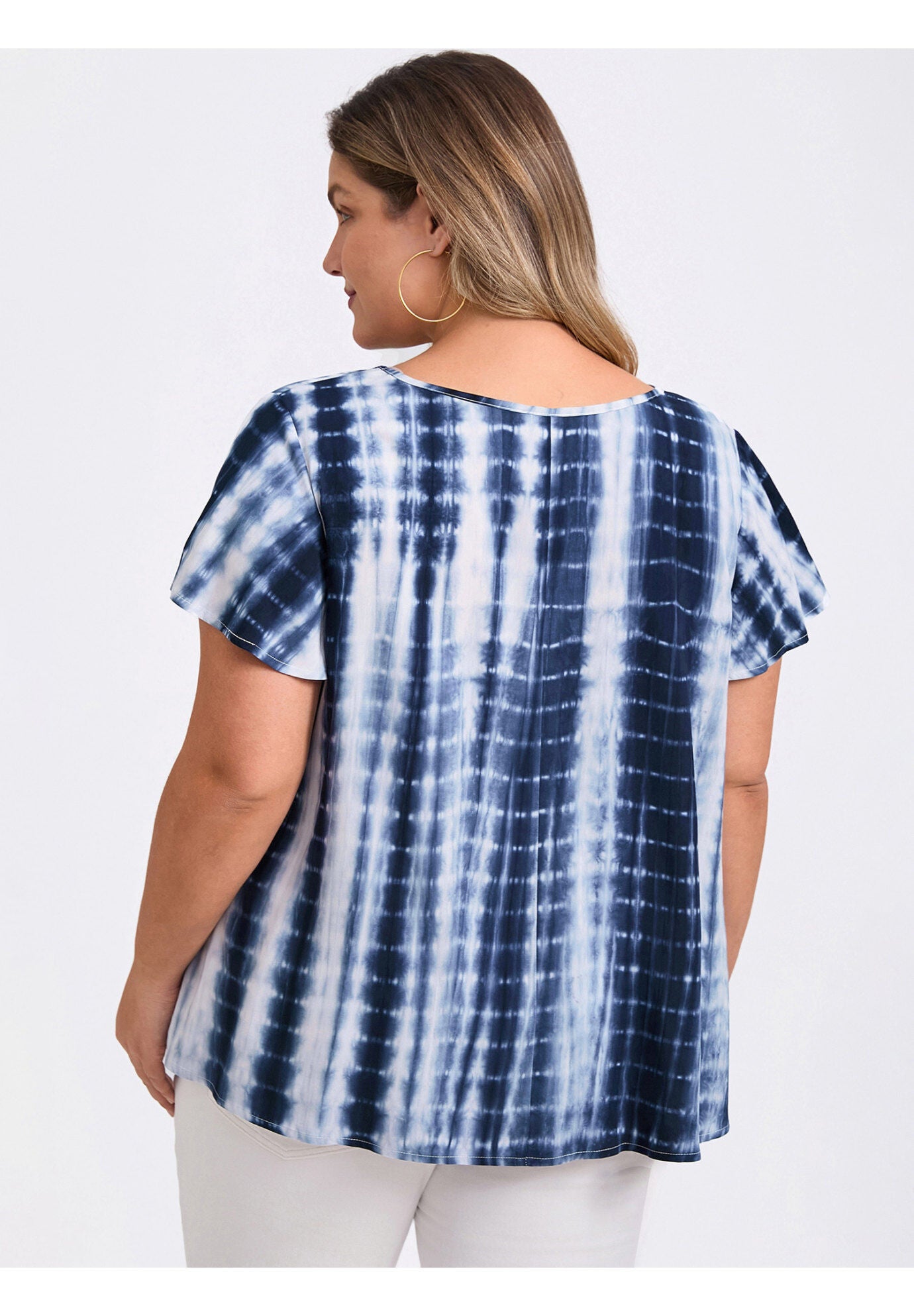 Tie Dye V Neck Ruffle Short Sleeve Pleated Blouse, Dark Blue / Navy, alternate image number 2