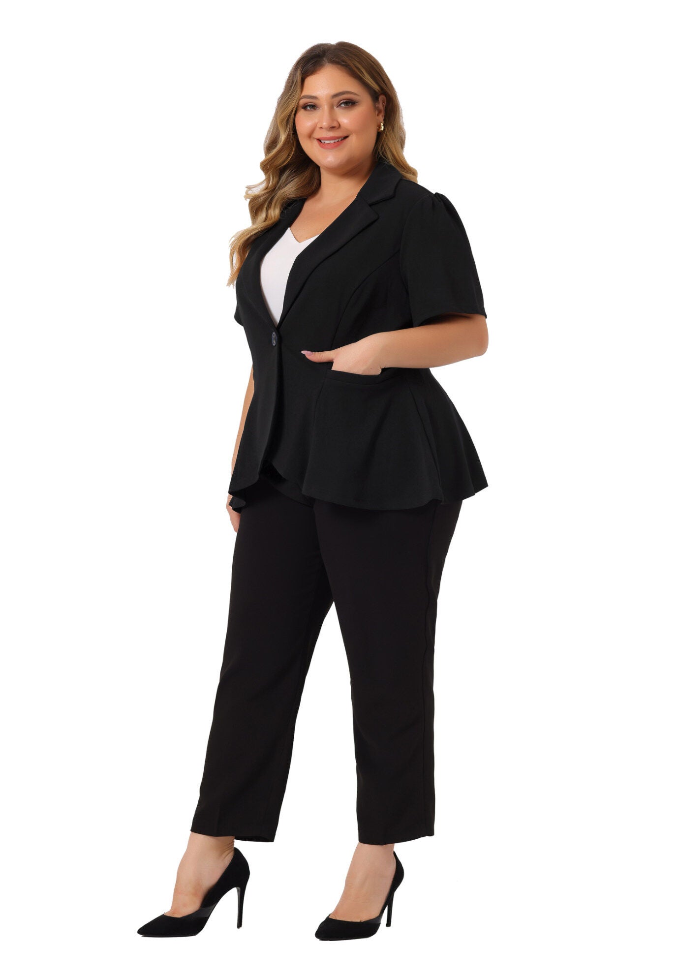 SHORT SLEEVE BUTTON BUSINESS SUIT BLAZER, Black / Black, hi-res image number 0