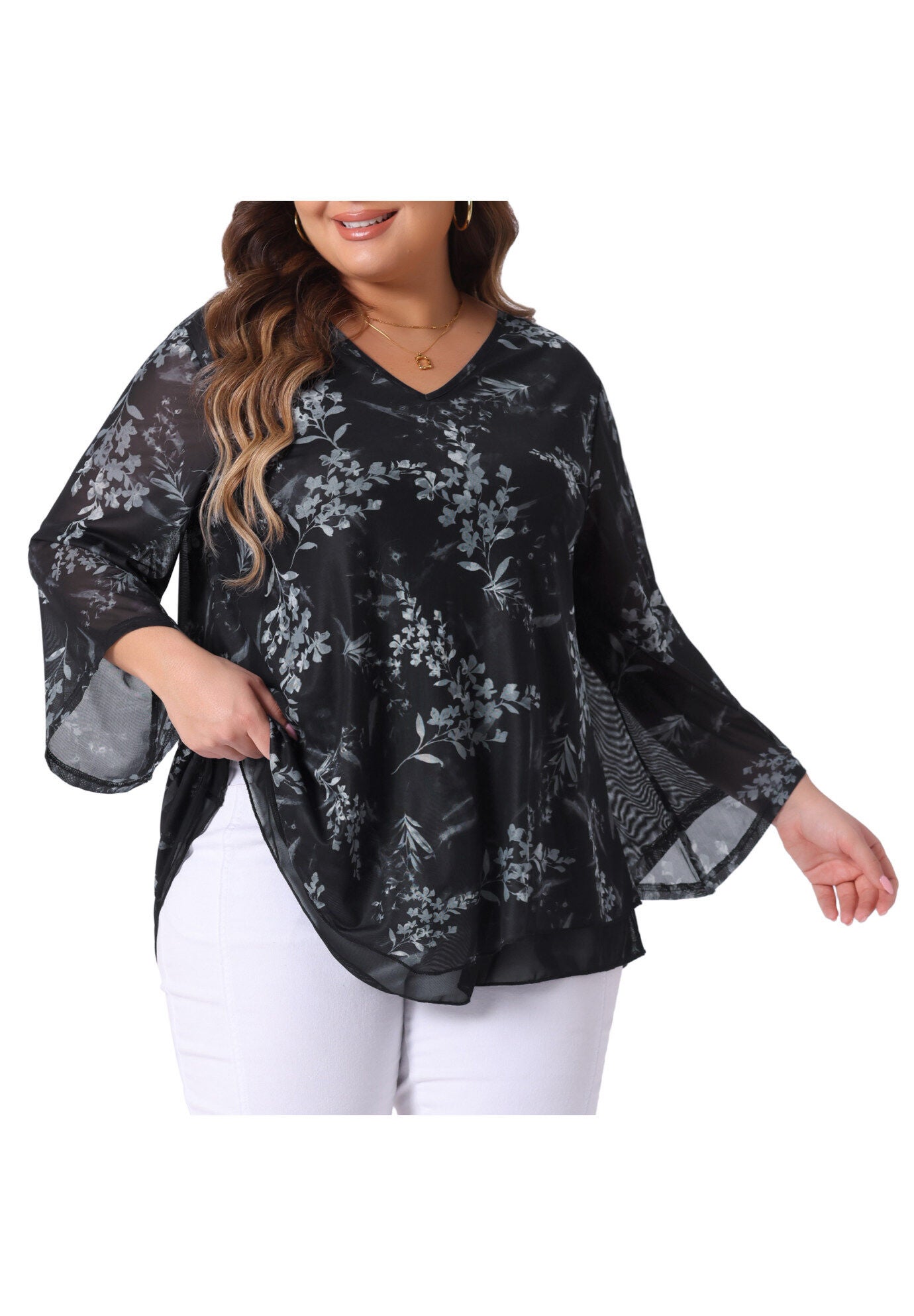 V Neck Mesh Flowy 3/4 Flared Sleeve Tunic Blouse Top, Black / Black, alternate image number 2