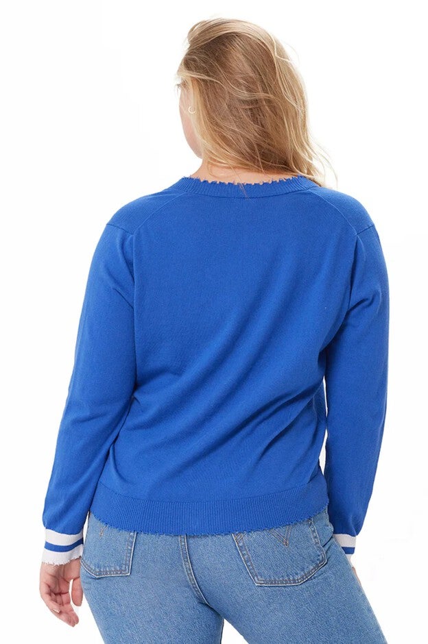 Cotton Cashmere Frayed Cardigan w/ Striped Cuff, , alternate image number null