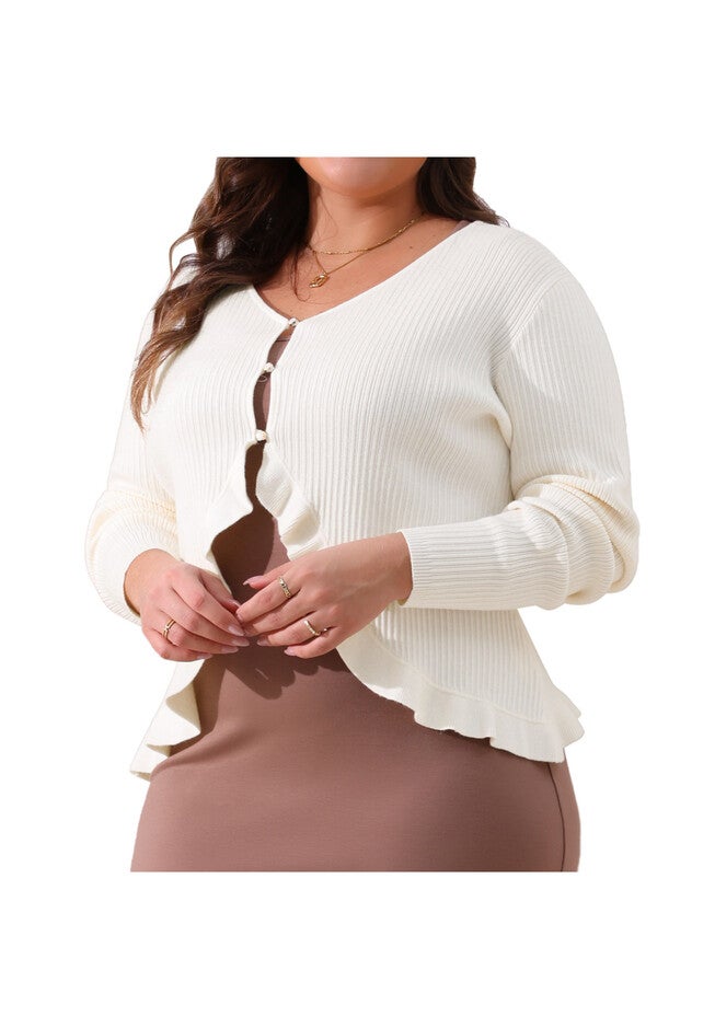 KNIT SWEATER OPEN FRONT RUFFLED BUTTON CARDIGAN, Beige / Beige, alternate image number 1