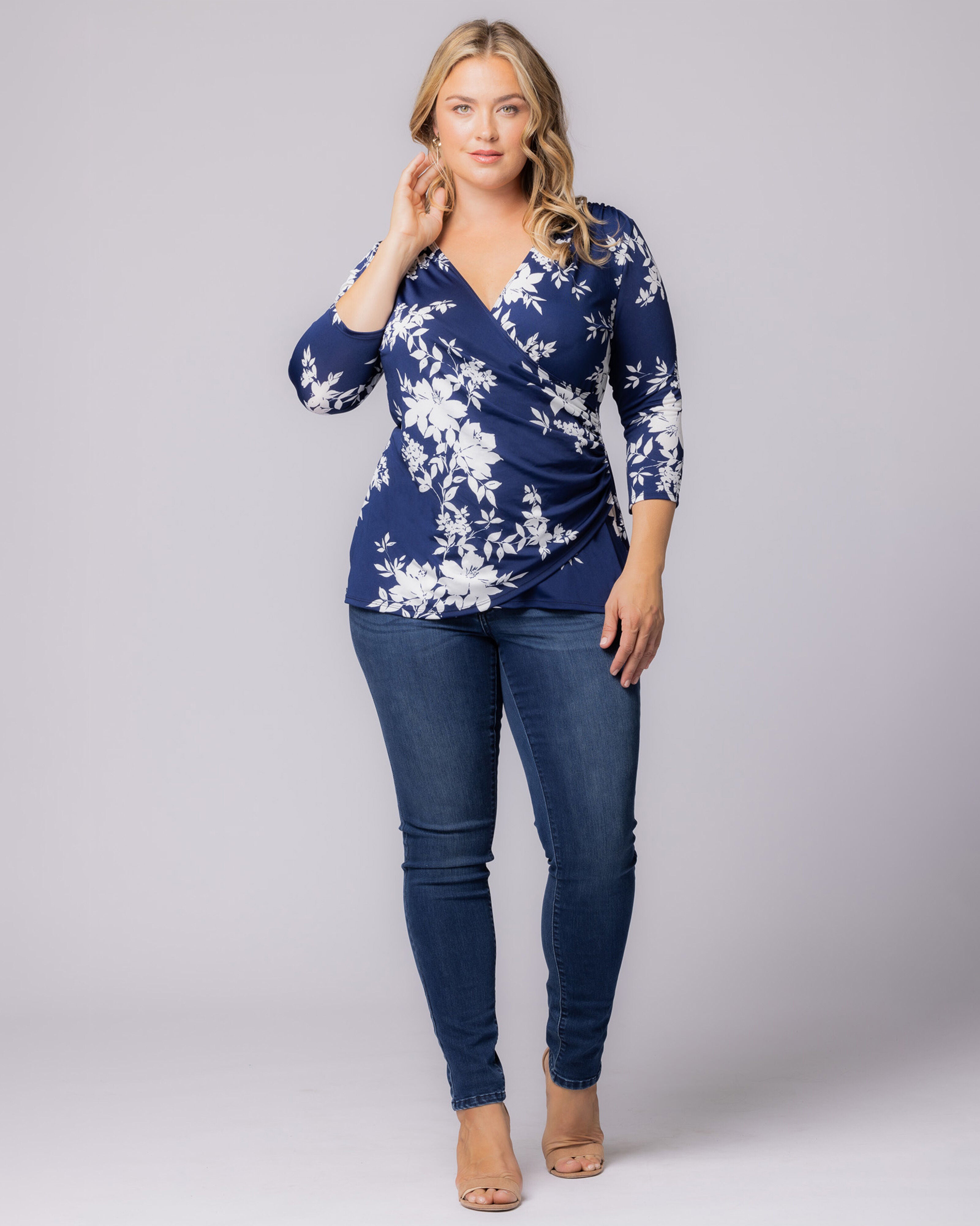 Femme Fatale Faux Wrap Top, NAVY FLORAL PRINT / Navy, alternate image number 4
