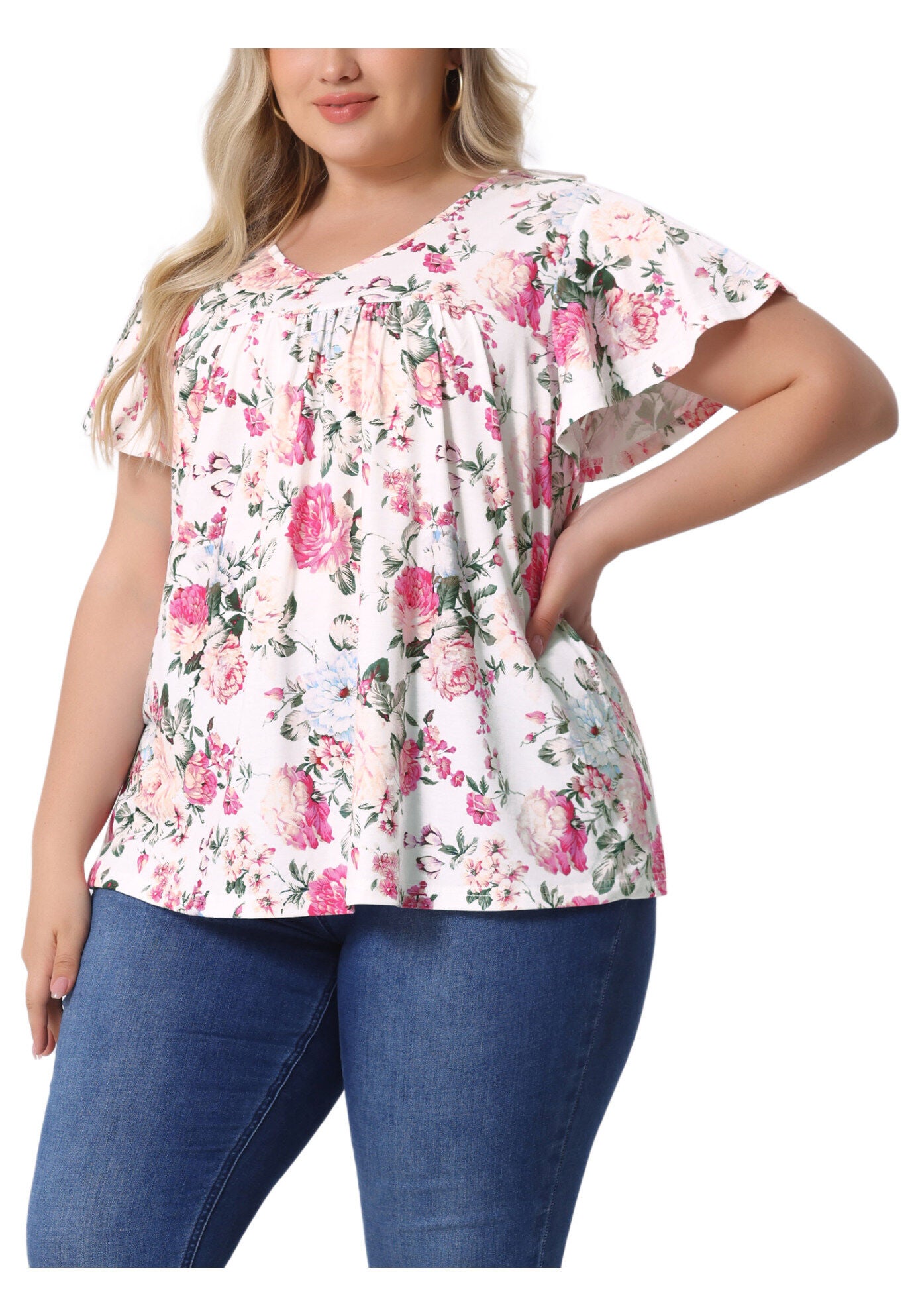 V Neck Ruffle Short Sleeve T-Shirt Tee Top, White Pink / White, alternate image number 1