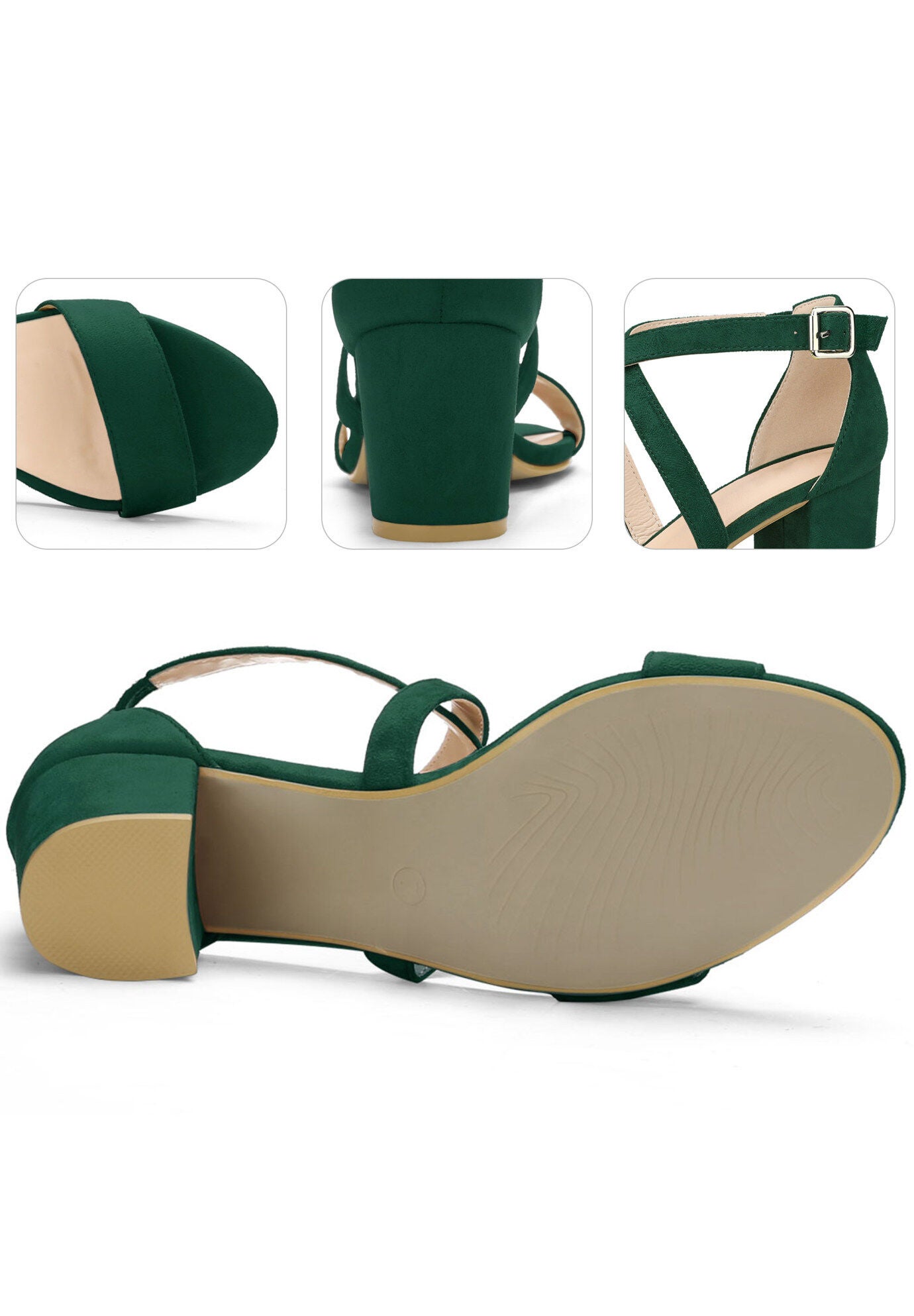 Crisscross Strap Open Toe Chunky Heels Sandals, Dark Green / Forest Green, alternate image number 3