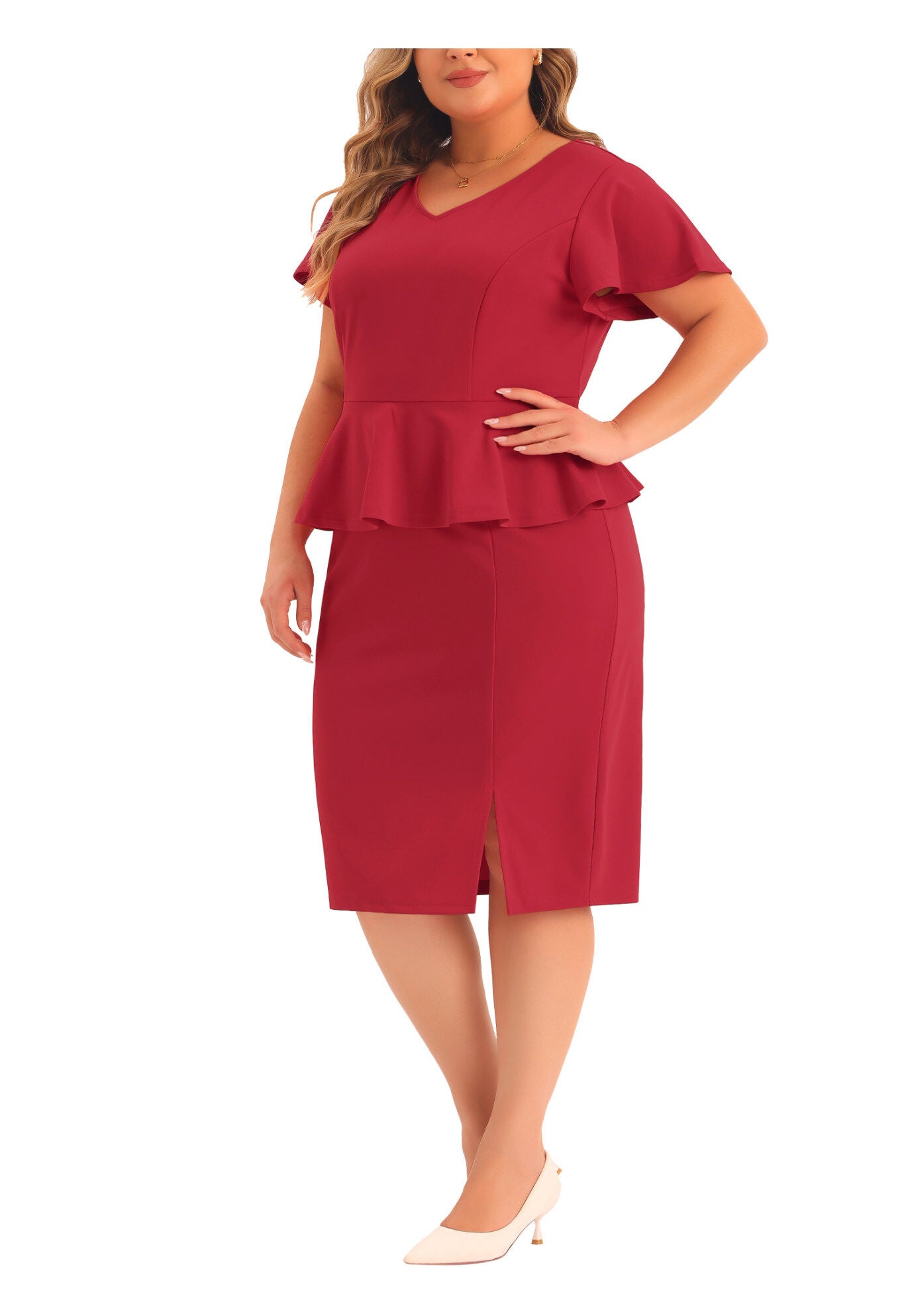 Ruffle Short Sleeve Pencil Retro Peplum Dress, Red / Red, alternate image number 1