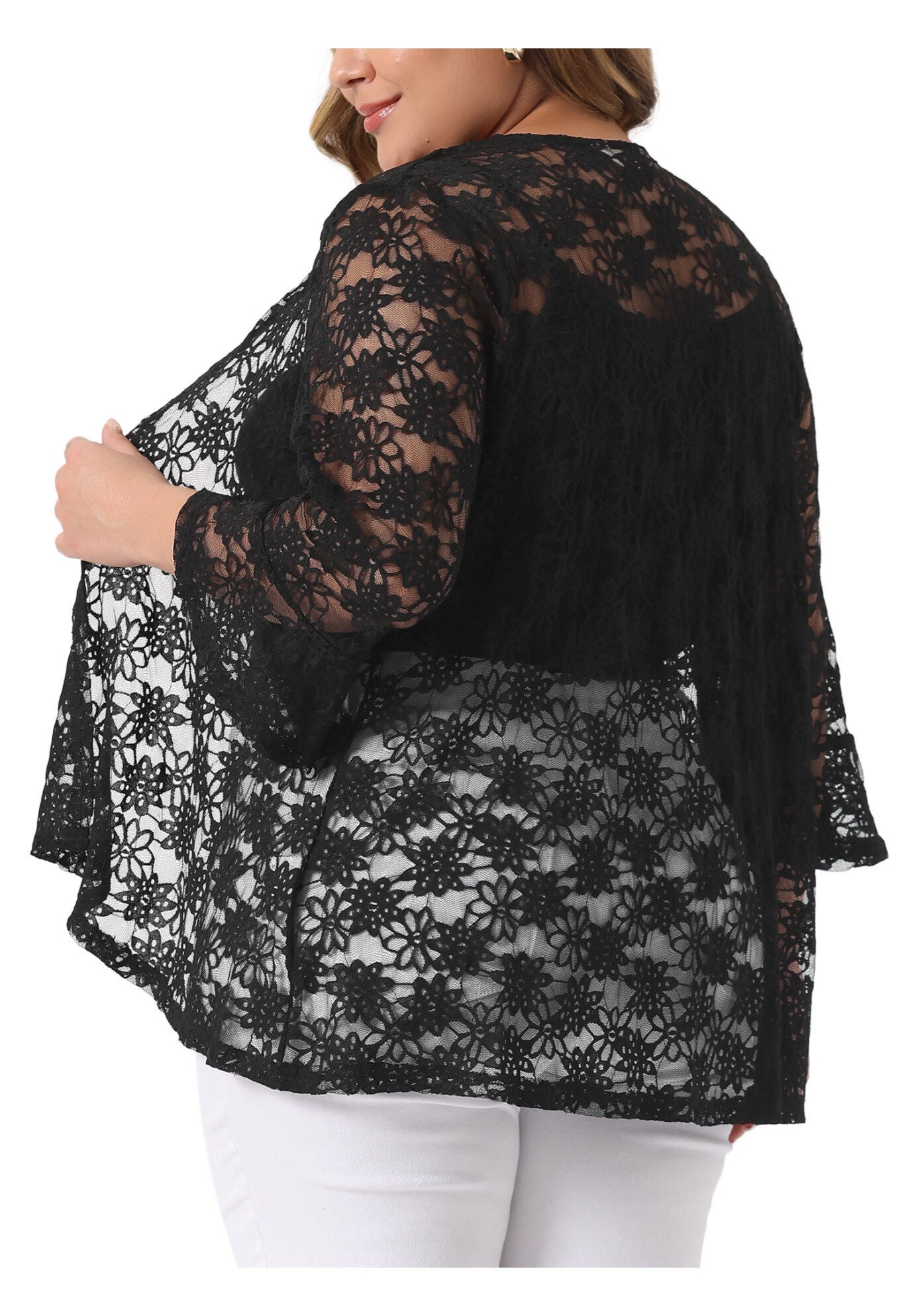 OPEN FRONT 3/4 BELL SLEEVE SHEER LIGHTWEIGHT LACE COVER UP CARDIGAN, Black / Black, alternate image number 3