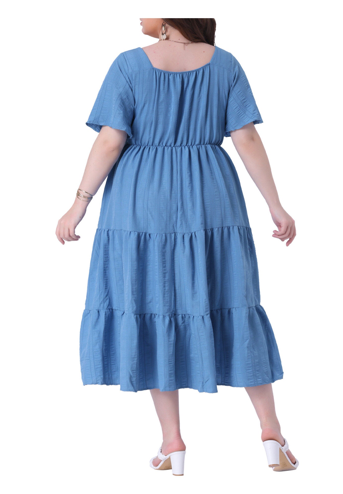 Short Sleeve Flowy A Line Tiered Long Dresses, Blue / Dusty Blue, alternate image number 3