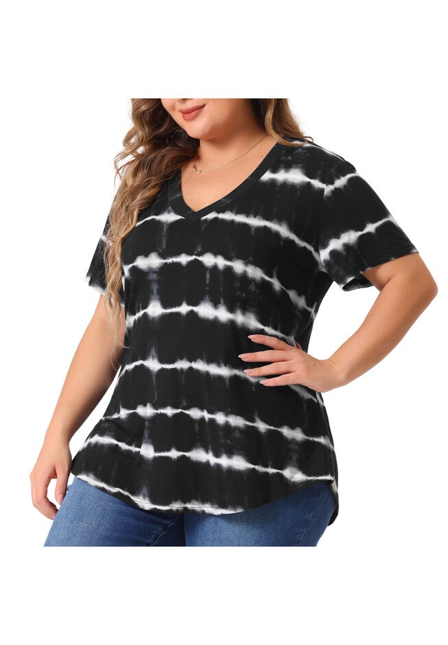 V Neck Short Sleeve Tie Dye Summer Top, Black / Black, alternate image number null