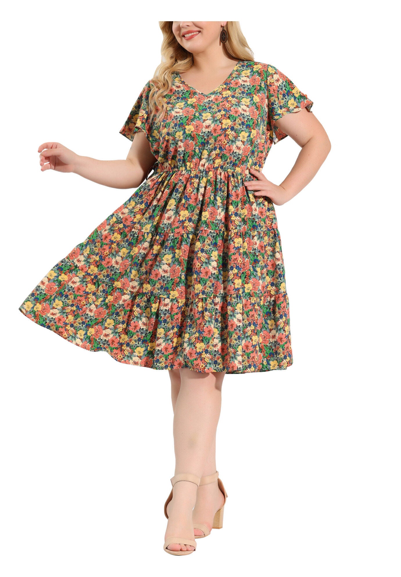 Floral Printed V Neck Summer Midi Flared Dress, Romantic / Light Green, alternate image number 4