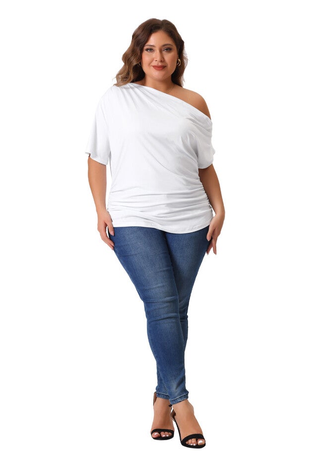 ONE SHOULDER SHORT SLEEVE RUCHED TOP, White / White, hi-res image number 0