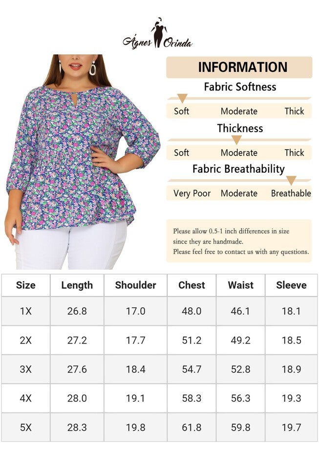 3/4 Sleeves Babydoll Chiffon Keyhole Floral Flowy Top Blouse, Blue / Cornflower Blue, alternate image number null