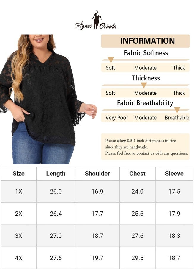 Ruffle V Neck 3/4 Bell Sleeve Semi Sheer Blouse, Black / Black, alternate image number 4