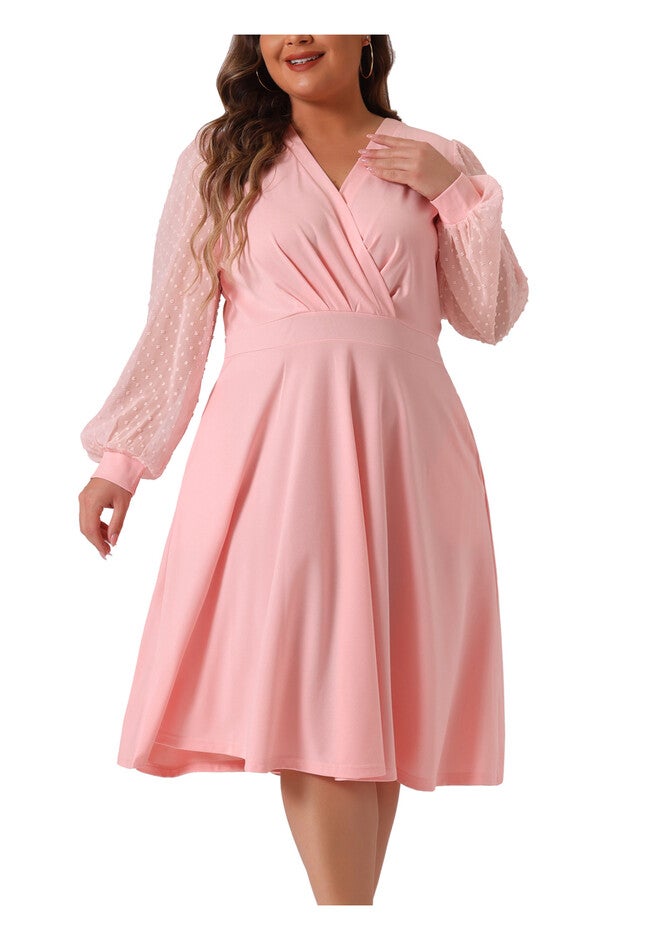 Long Sleeve Swiss Dots Formal Knee Length Dress, Pink / Pink, alternate image number null