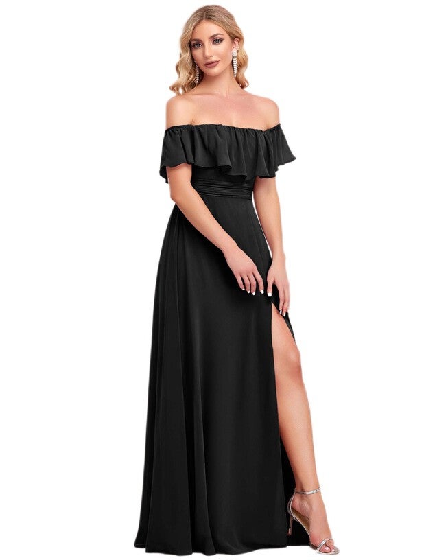 Women's Off Shoulder Ruffle Thigh Slit Bridesmaid Dresses, Black / Black, alternate image number null