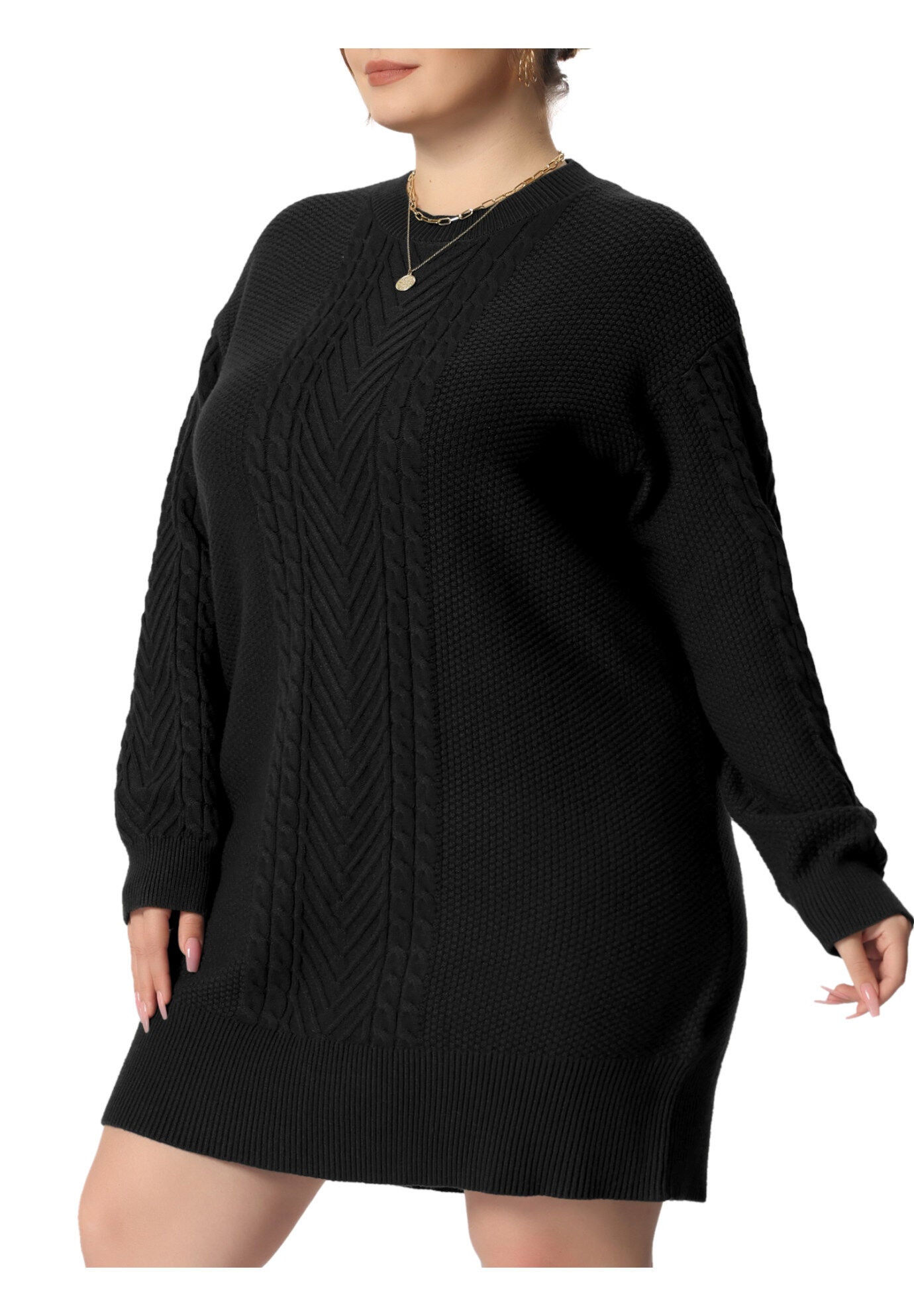 CREWNECK LONG SLEEVE KNIT TUNIC PULLOVER SHORT SWEATER DRESS, Black / Black, alternate image number 1