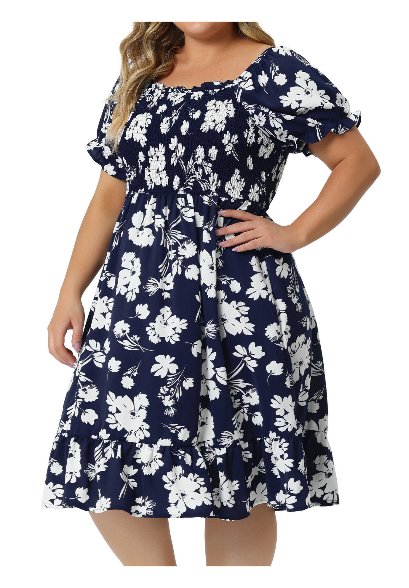 Ruffle Short Sleeve Flared Flowy Smock Floral Print Dress, Navy Blue / Navy, alternate image number 2