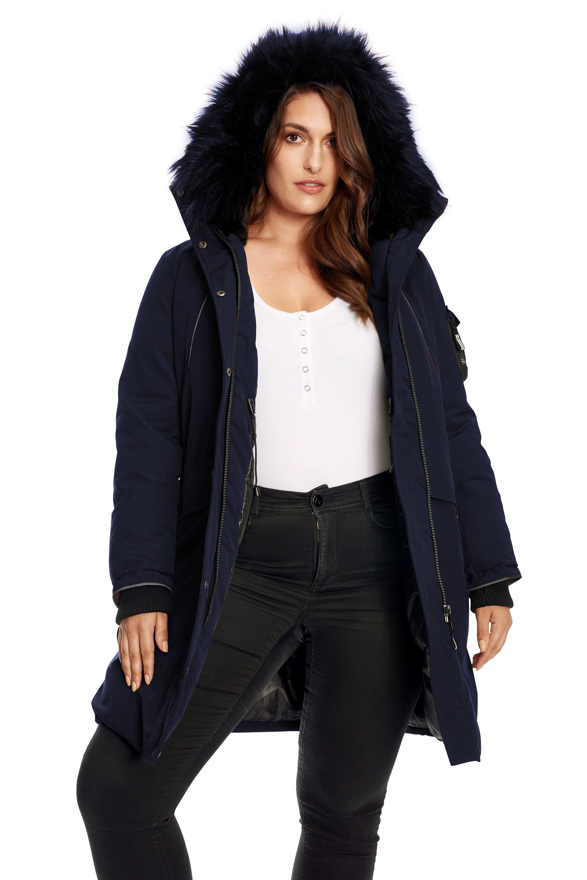LAURENTIAN | Vegan Down Recycled Long Parka Winter With Faux Fur Hood, Navy / Navy, alternate image number 1