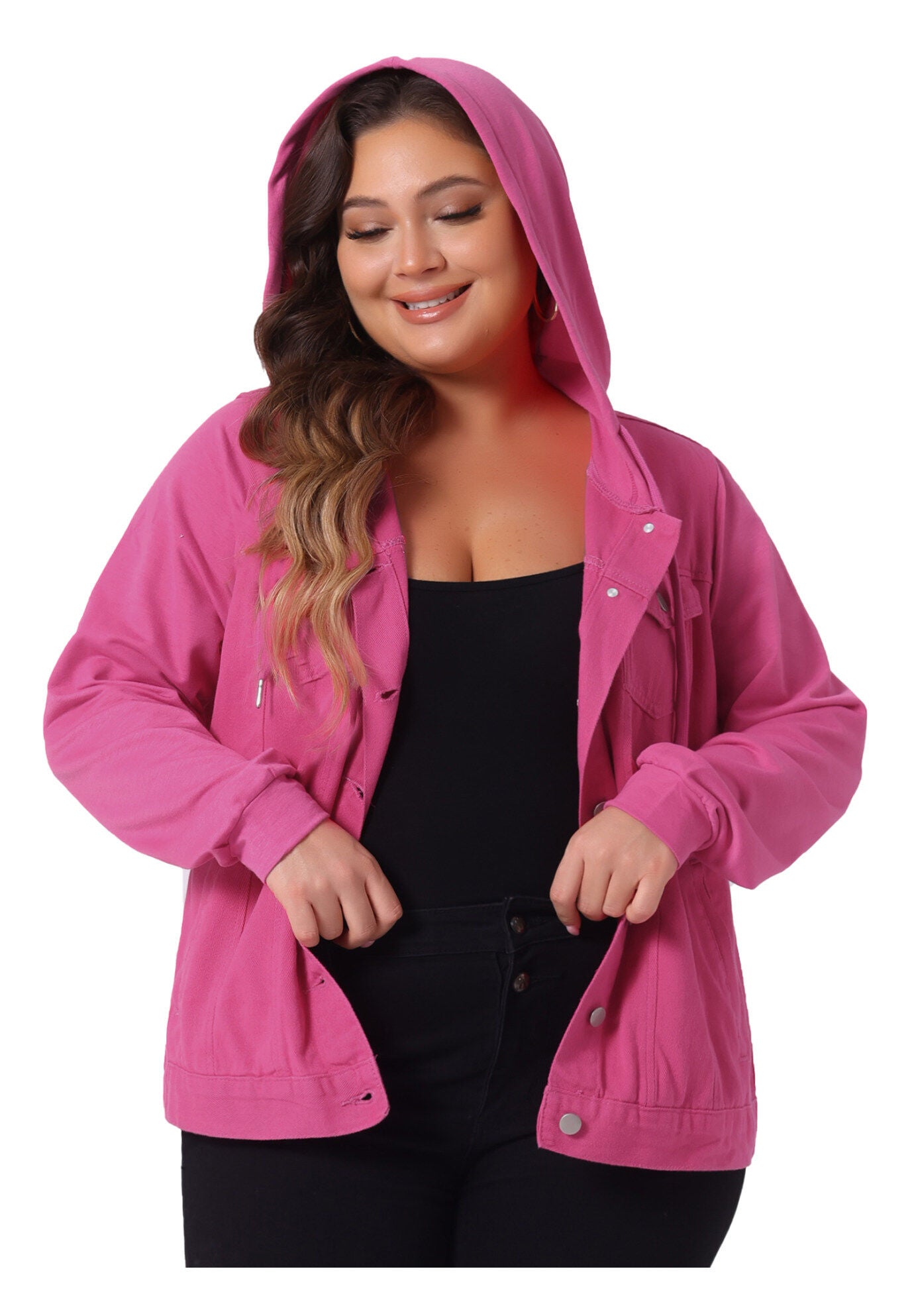 LAYERED DRAWSTRING HOODIE DENIM JEAN JACKET, Hot Pink / Pink, alternate image number 2