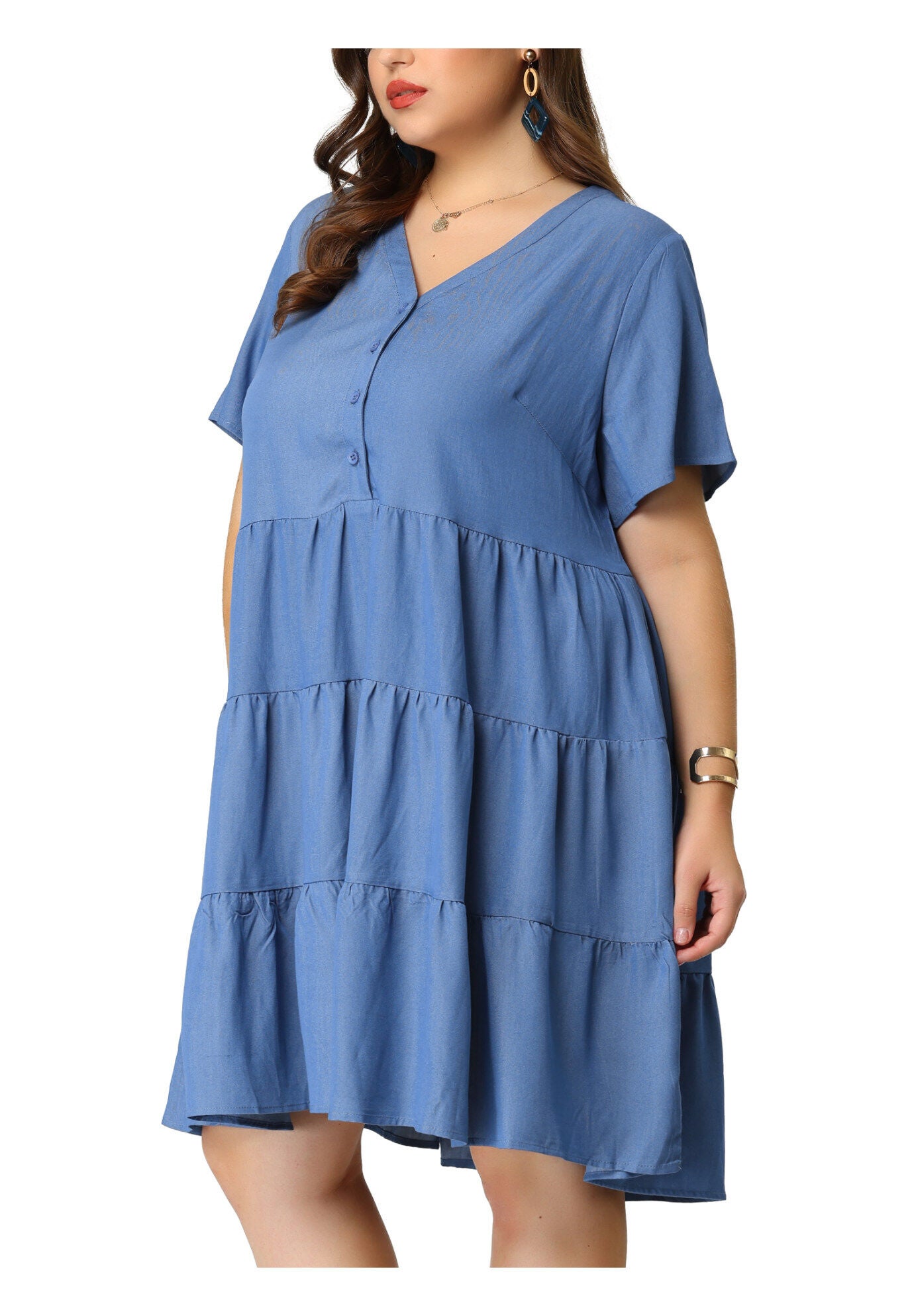 Button Down V Neck Knee Length Tiered Chambray Dress, Blue / Light Green, alternate image number 2