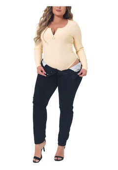Ribbed Knit Zipper Deep V Neck Long Sleeve Top Bodysuit