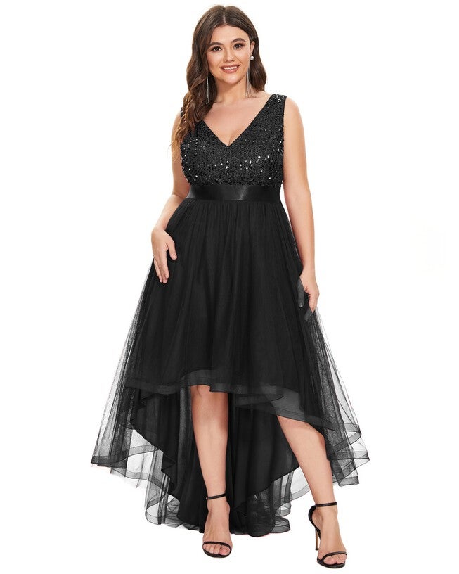 Sleeveless Sequin Ribbon Waist Tulle High Low Evening Dress, Black / Black, hi-res image number 0