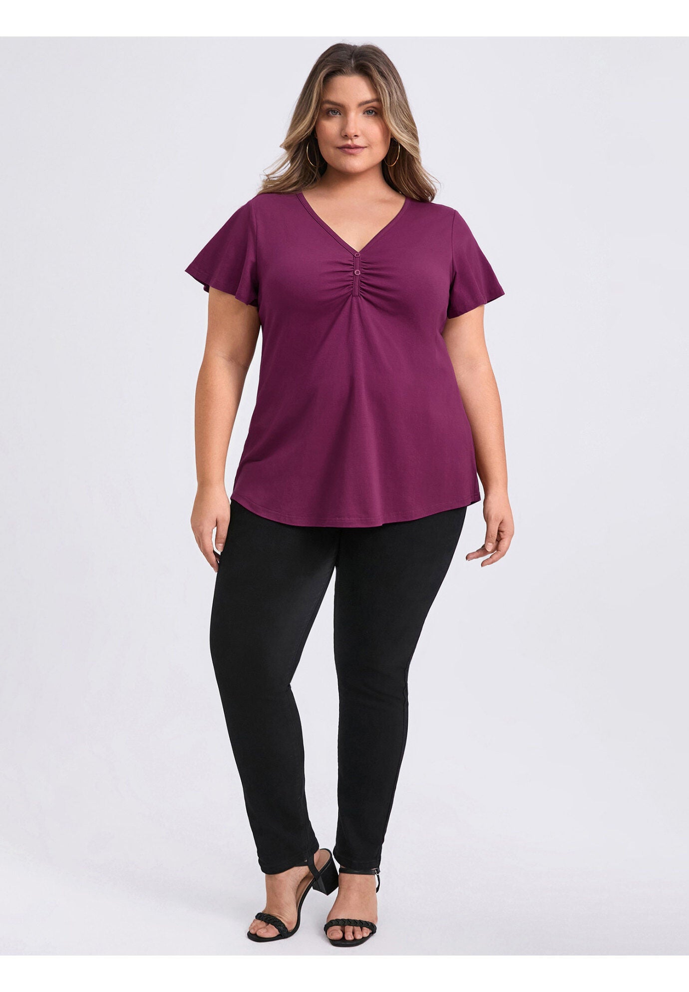 Front Pleated V Neck Flutter Sleeve Button Decor Blouse, Purple / Purple, alternate image number 1