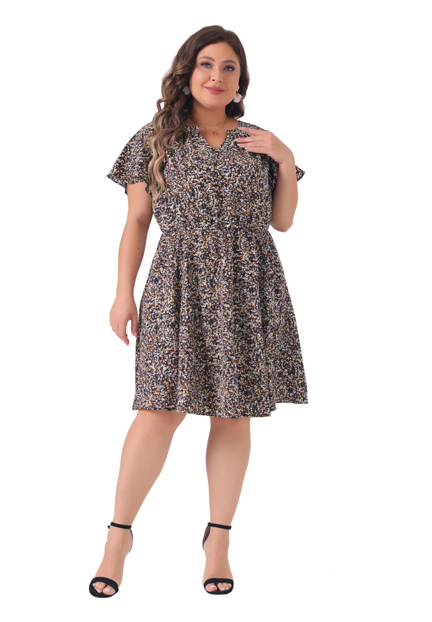 Boho Floral Notched V Neck Ruffle Sleeve A Line Midi Dress, Navy Blue / Navy, hi-res image number 0