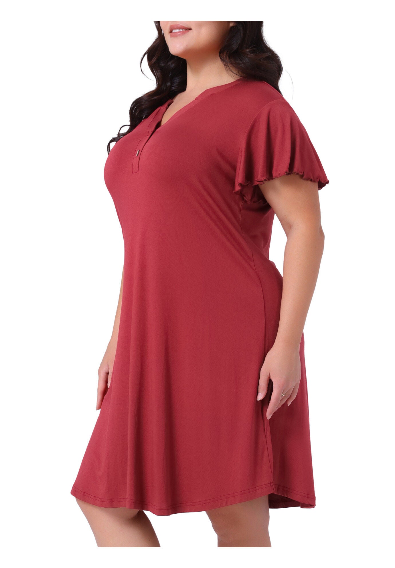 V Neck Nightshirt Ruffle Short Sleeve Loungewear, Burgundy / Burgundy, alternate image number 1