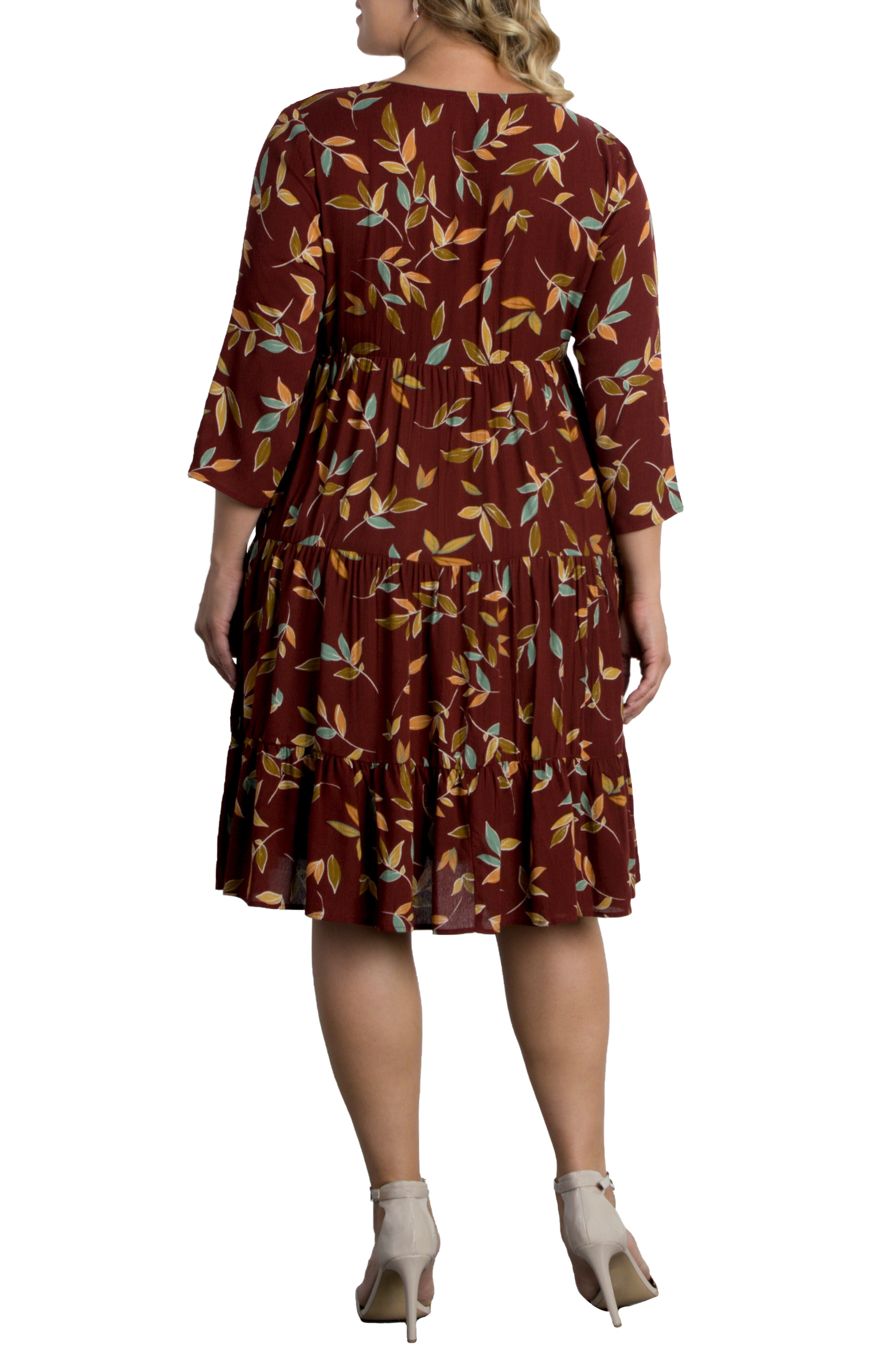Issy Tiered Tunic Dress, WARM LEAF MOTIF / Burgundy, alternate image number 2