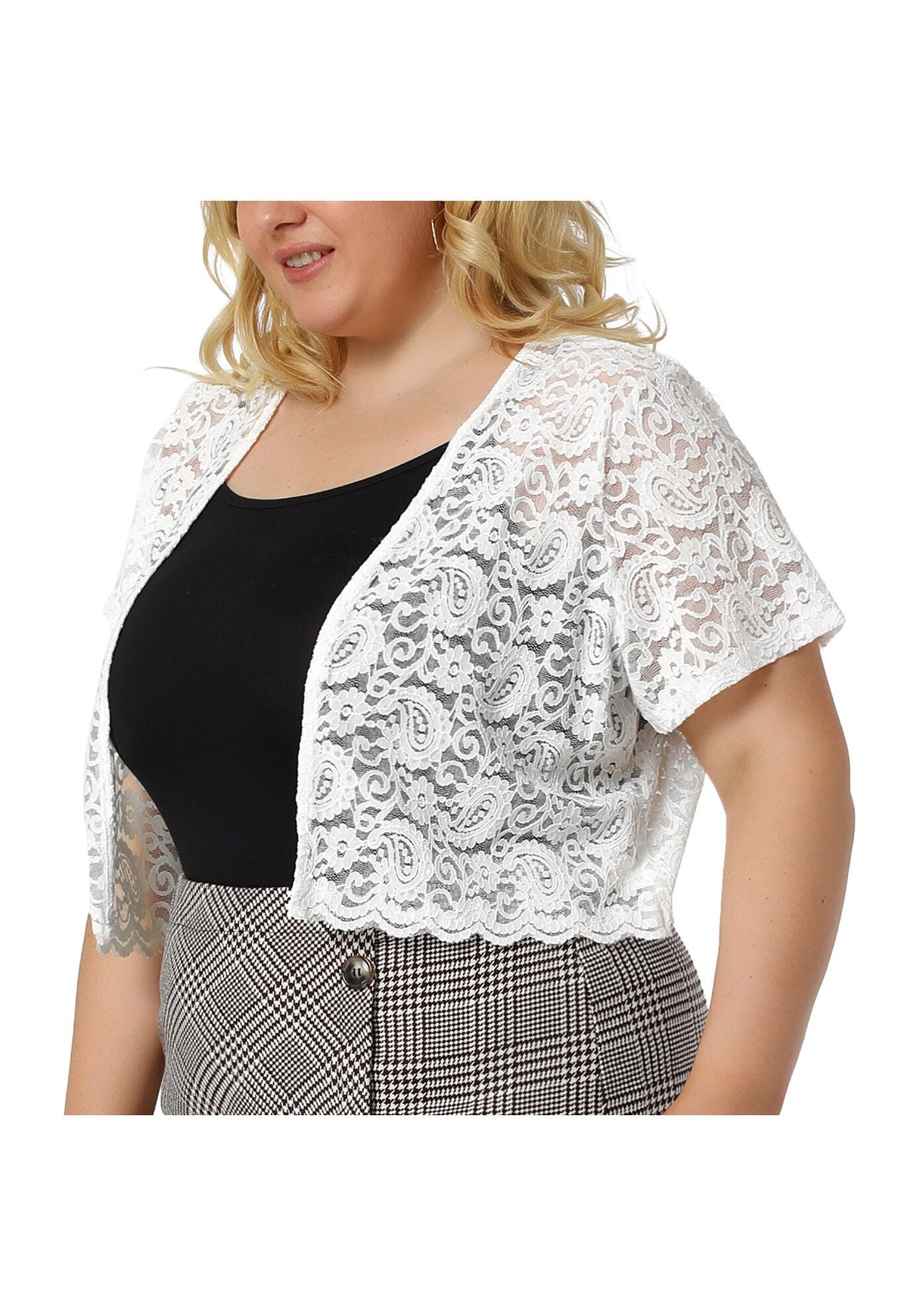OPEN FRONT SHORT SLEEVE CROCHET LACE CROPPED BOLERO SHRUG CARDIGAN, White / White, alternate image number 2