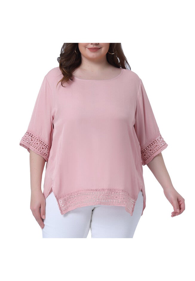 Crewneck Lace Crochet Short Sleeve Casual Loose Top, Light Pink / Pink, alternate image number 2