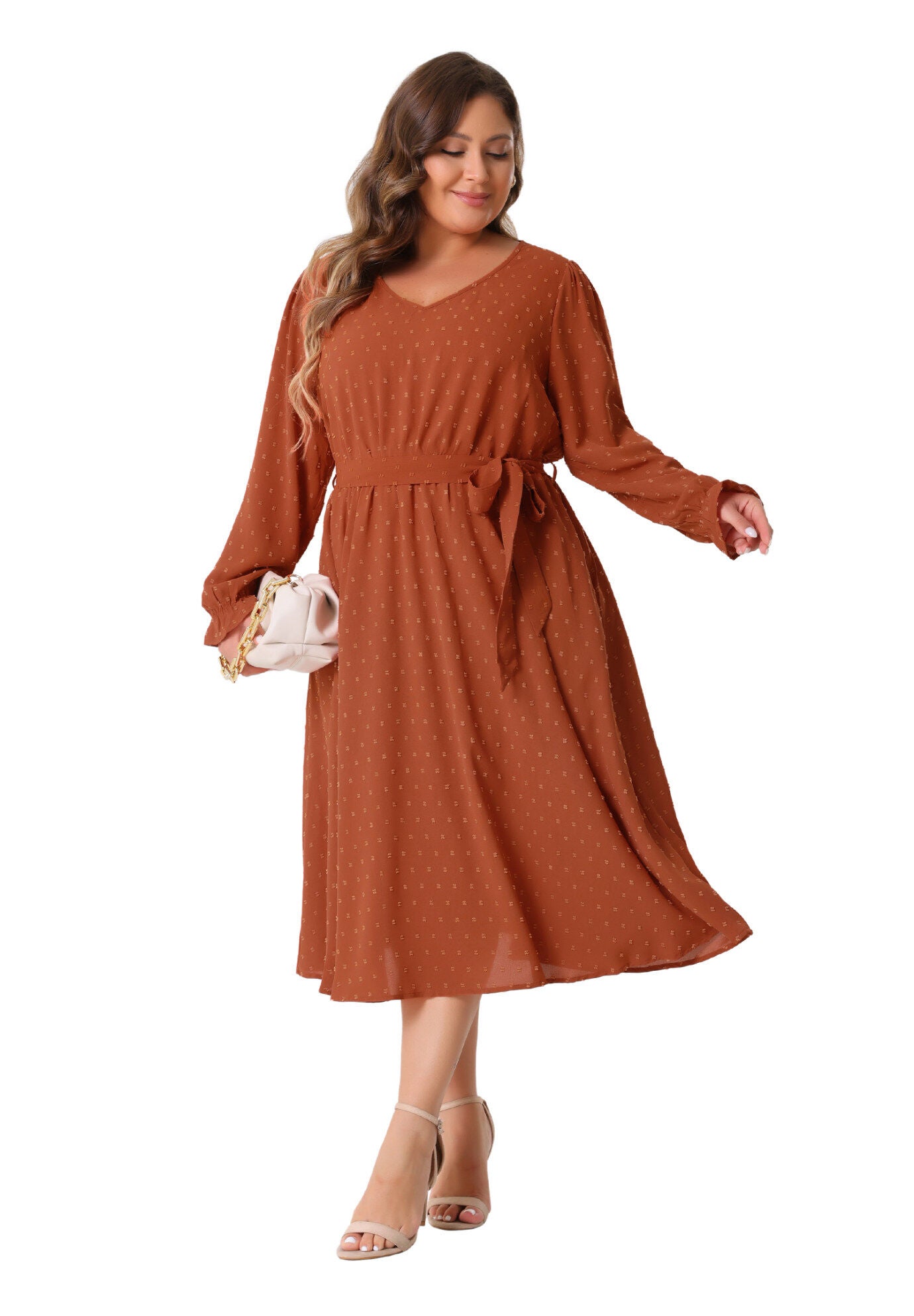 Swiss Dot V Neck Tie Belt A Line Flowy Midi Dresses with Pockets, Orange / Orange, hi-res image number 0