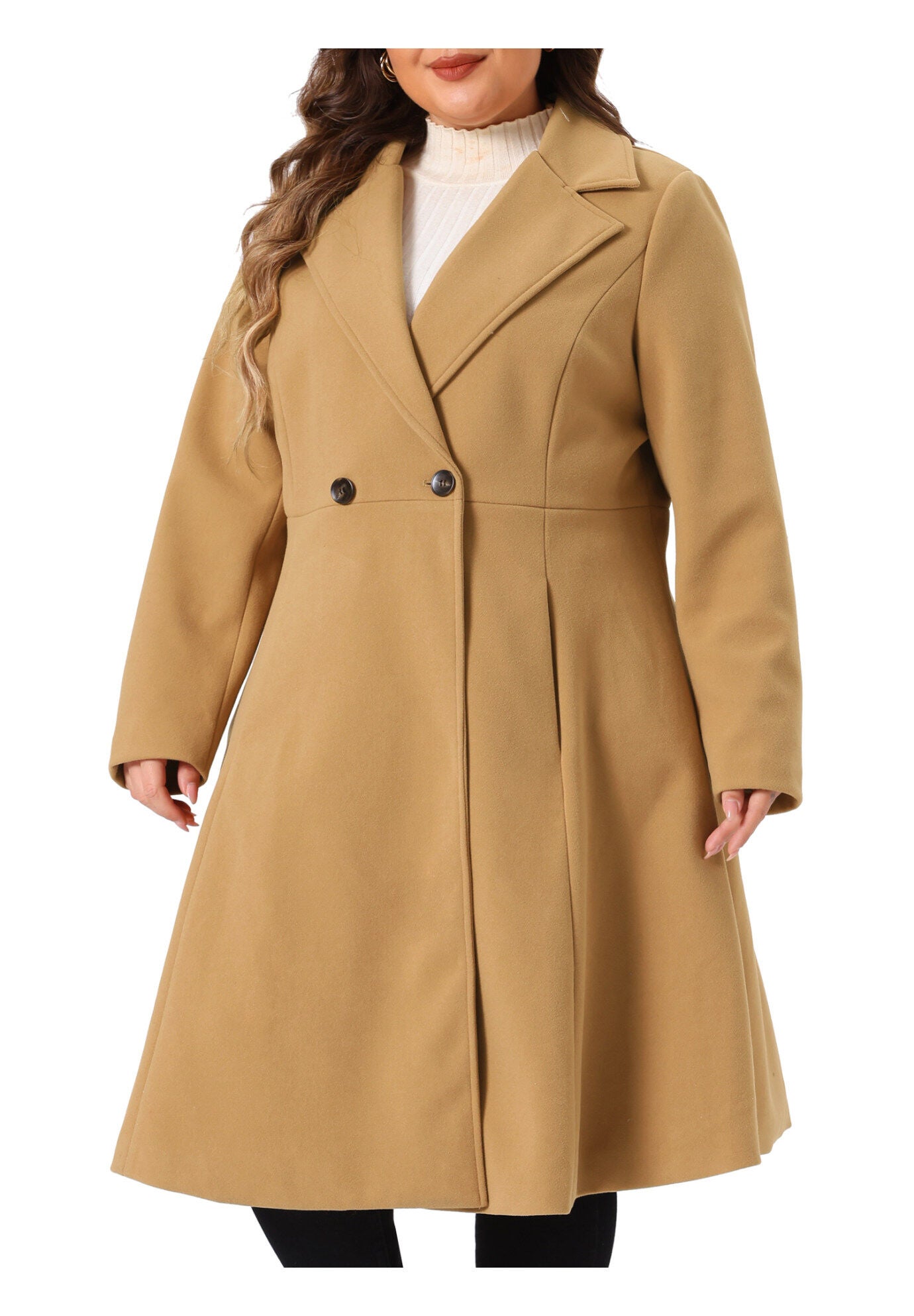 Notch Lapel A Line Double Breasted Trench Dress Pea Coat, Camel / Brown, alternate image number 2