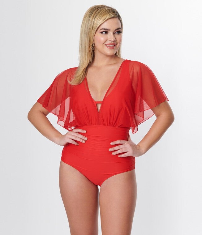 Unique Vintage Red Mesh Sleeved Torrey Swimsuit, Red Mesh / Red, hi-res image number null
