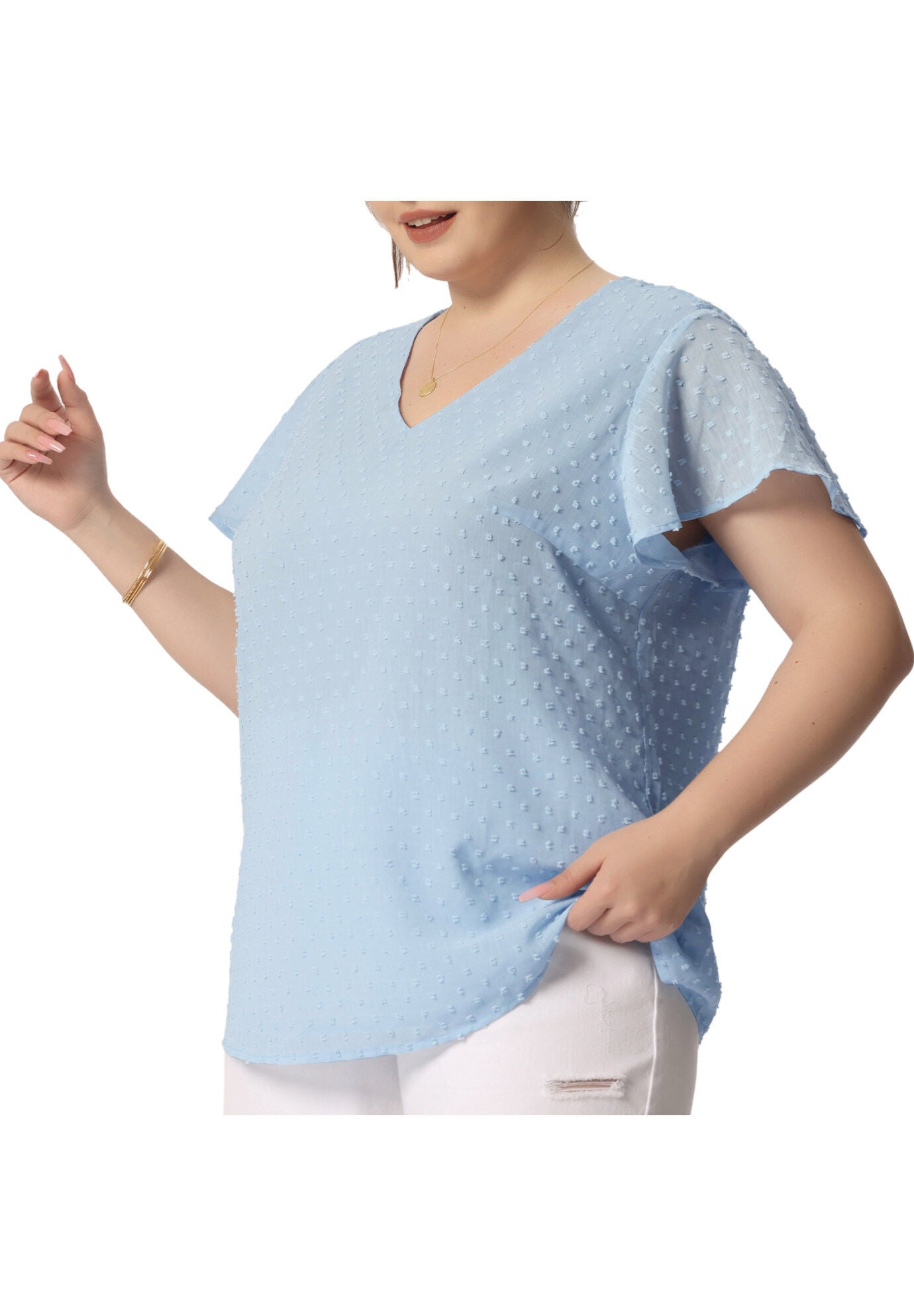 Swiss Dots Blouse V Neck Summer Short Sleeve Casual Top, Sky Blue / Light Blue, alternate image number 1