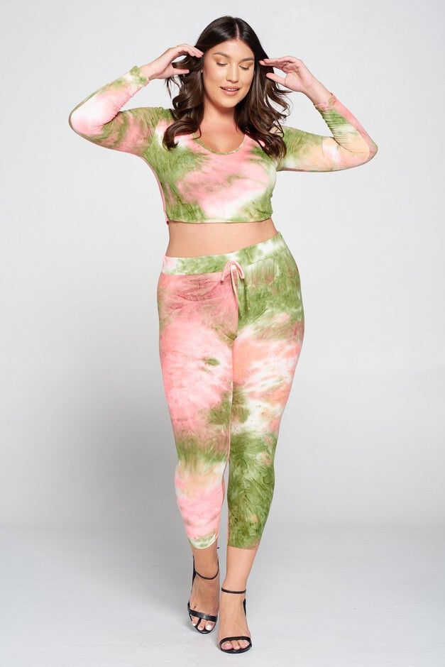 Crop Pullover Hoodie and Sweatpants Set, Olive Tie Dye / Olive Green, alternate image number 1