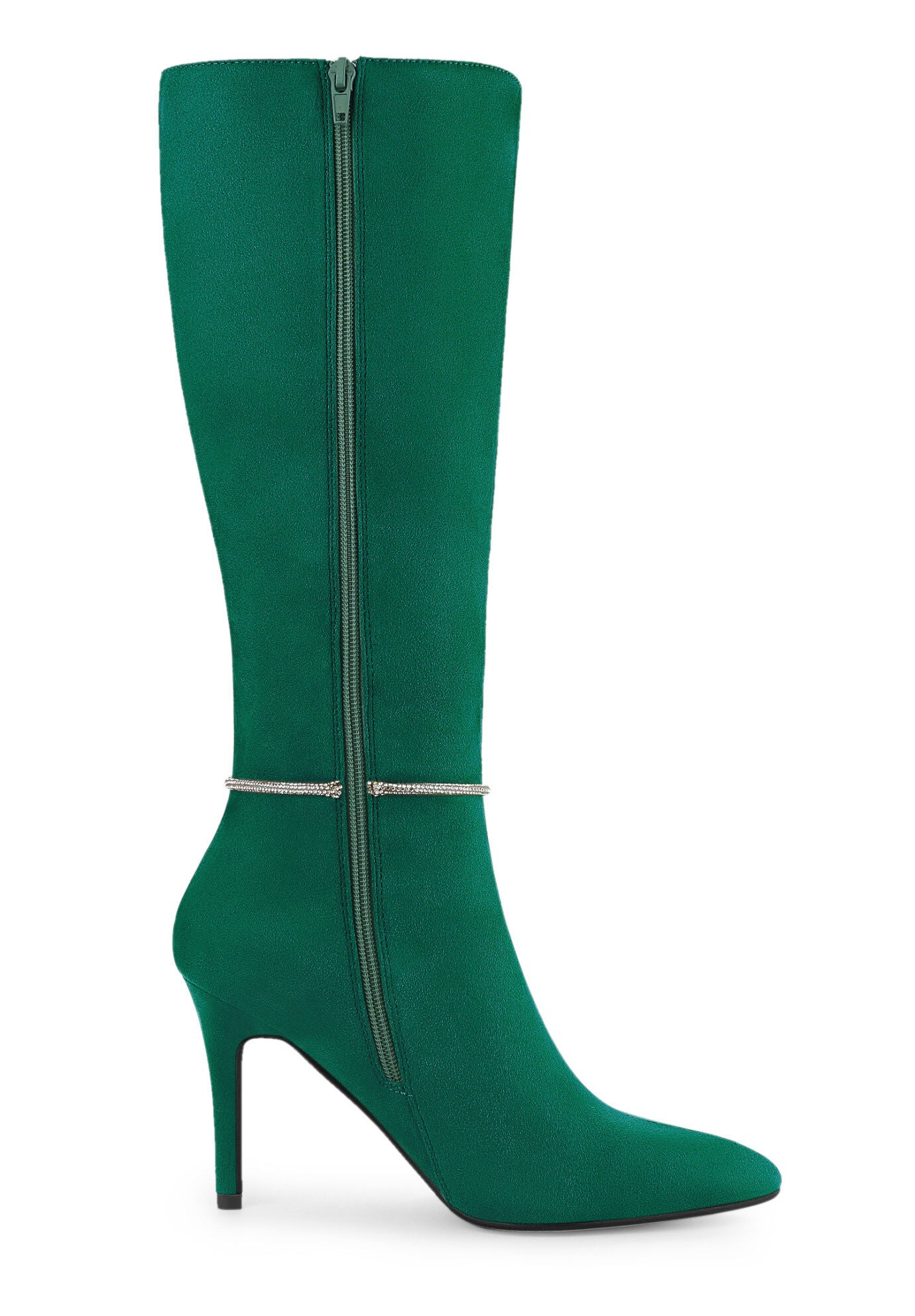 Rhinestone Chain Pointed Toe Stiletto Heels Knee High Boots, Green / Forest Green, alternate image number 4