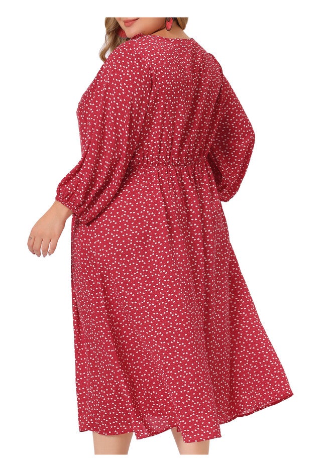 3/4 Sleeve Sweetheart Print Midi Ruffle Dress, Red / Red, alternate image number null