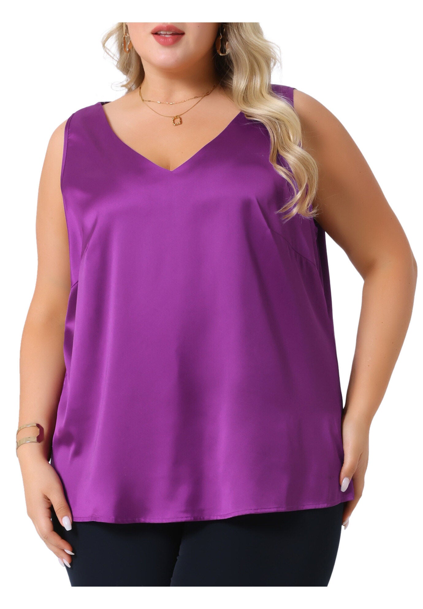 Satin Tank Top V Neck Casual Sleeveless Cami, Purple / Purple, alternate image number 1