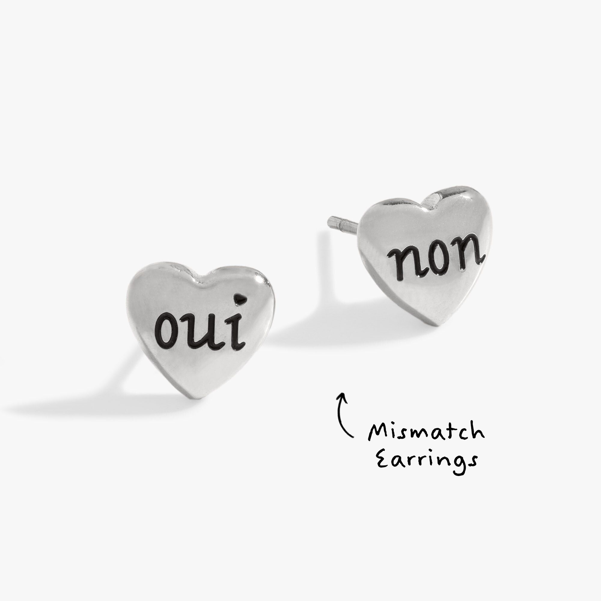Engraved French &#39;Oui&#39; & &#39;Non&#39; Heart Stud Earrings, Silver / Silver, hi-res image number 0