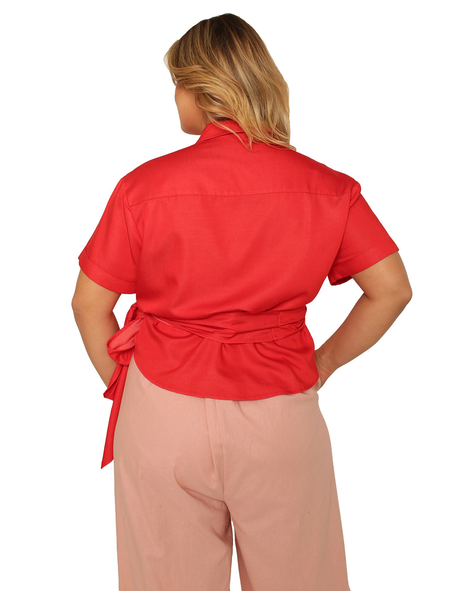 Iris Plus Size Short Sleeve Wrap Tie Tencel Blouse, Red / Red, alternate image number 2