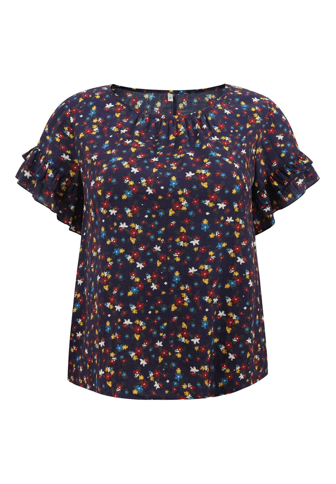 Floral Print Blouse Crew Neck Double Layer Ruffles Short Sleeve Top, Dark Blue / Navy, alternate image number 3