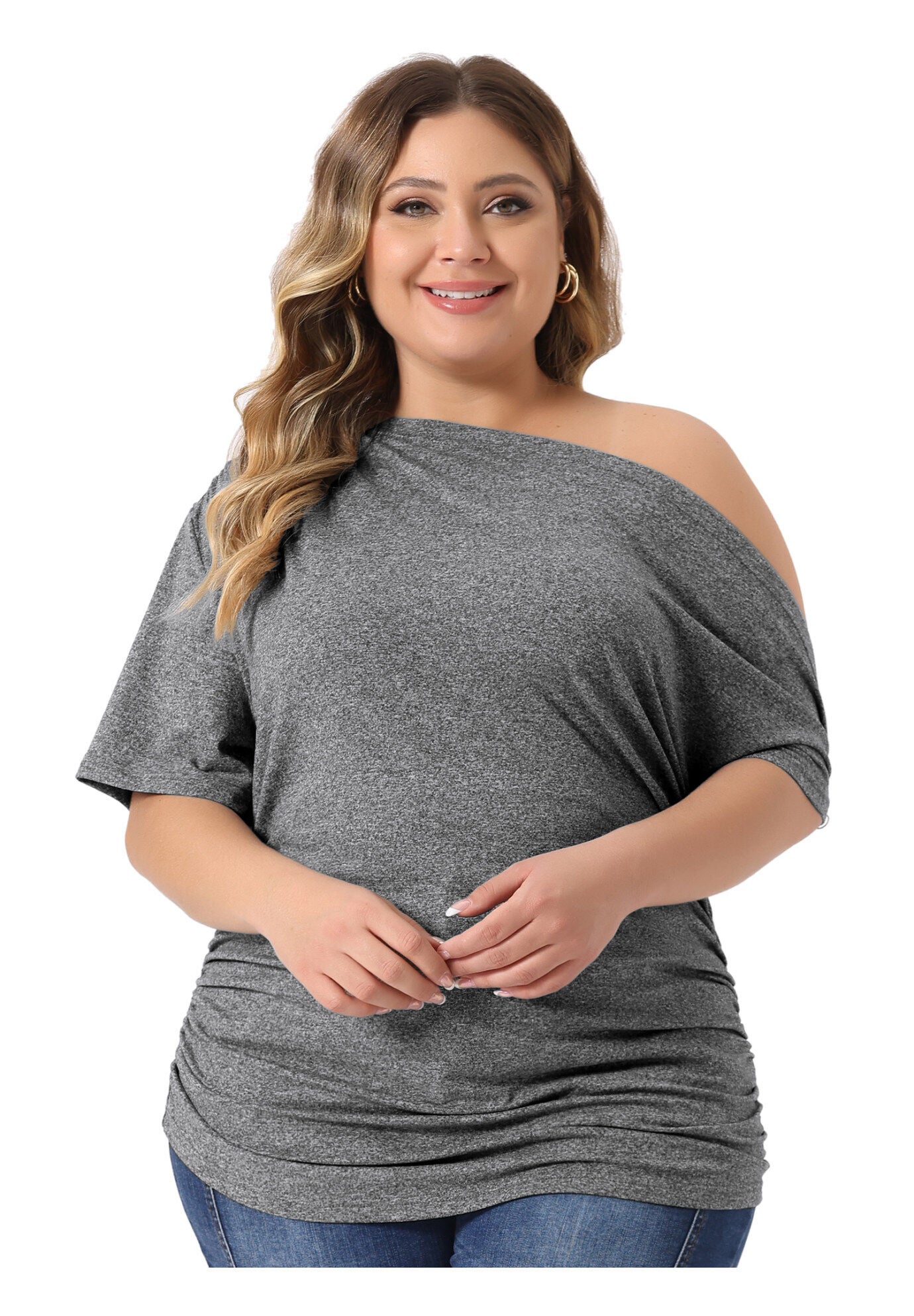 ONE SHOULDER SHORT SLEEVE RUCHED TOP, Gray / Charcoal Grey, alternate image number 1