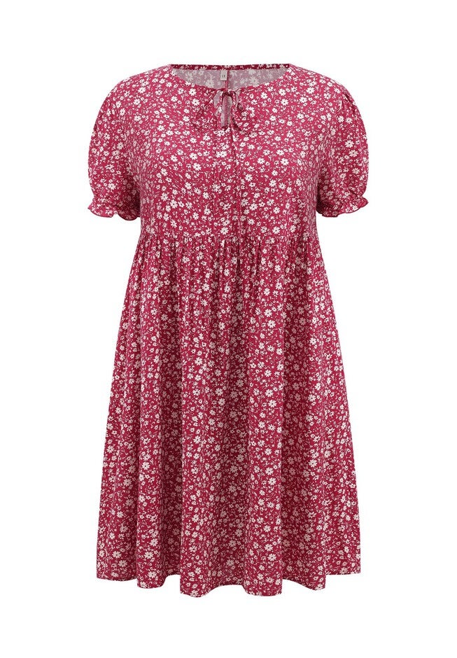 Floral Tie Neck Puff Sleeves Above Knee A-Line Dress with Pockets, Dark Red / Burgundy, alternate image number null