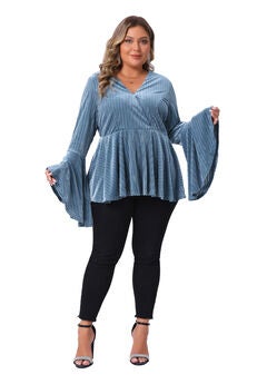 Velvet Faux Wrap Bell Sleeve Peplum Velvet Blouses