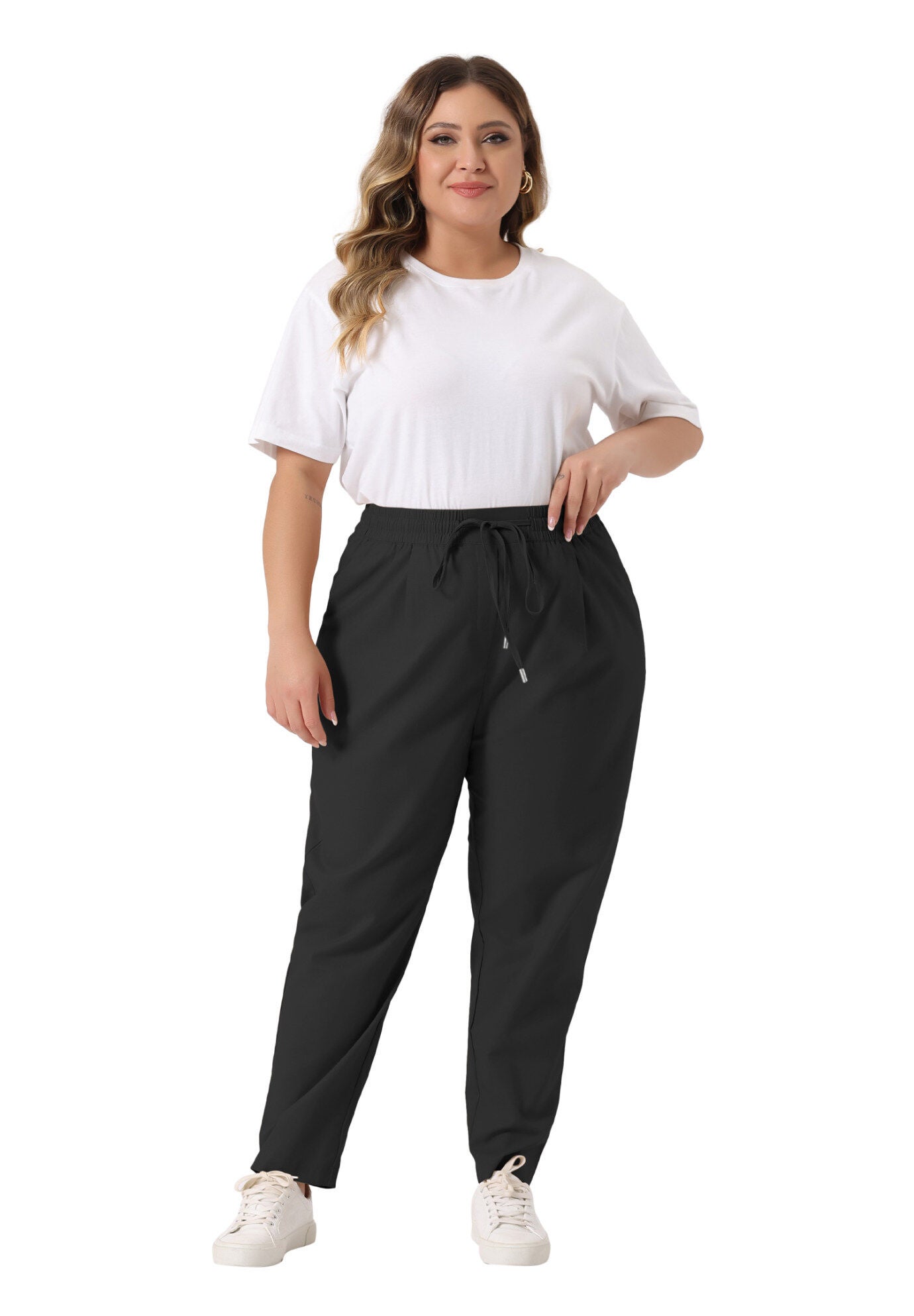 STRAIGHT LEG DRAWSTRING ELASTIC LOOSE TROUSERS, Black / Black, hi-res image number 0