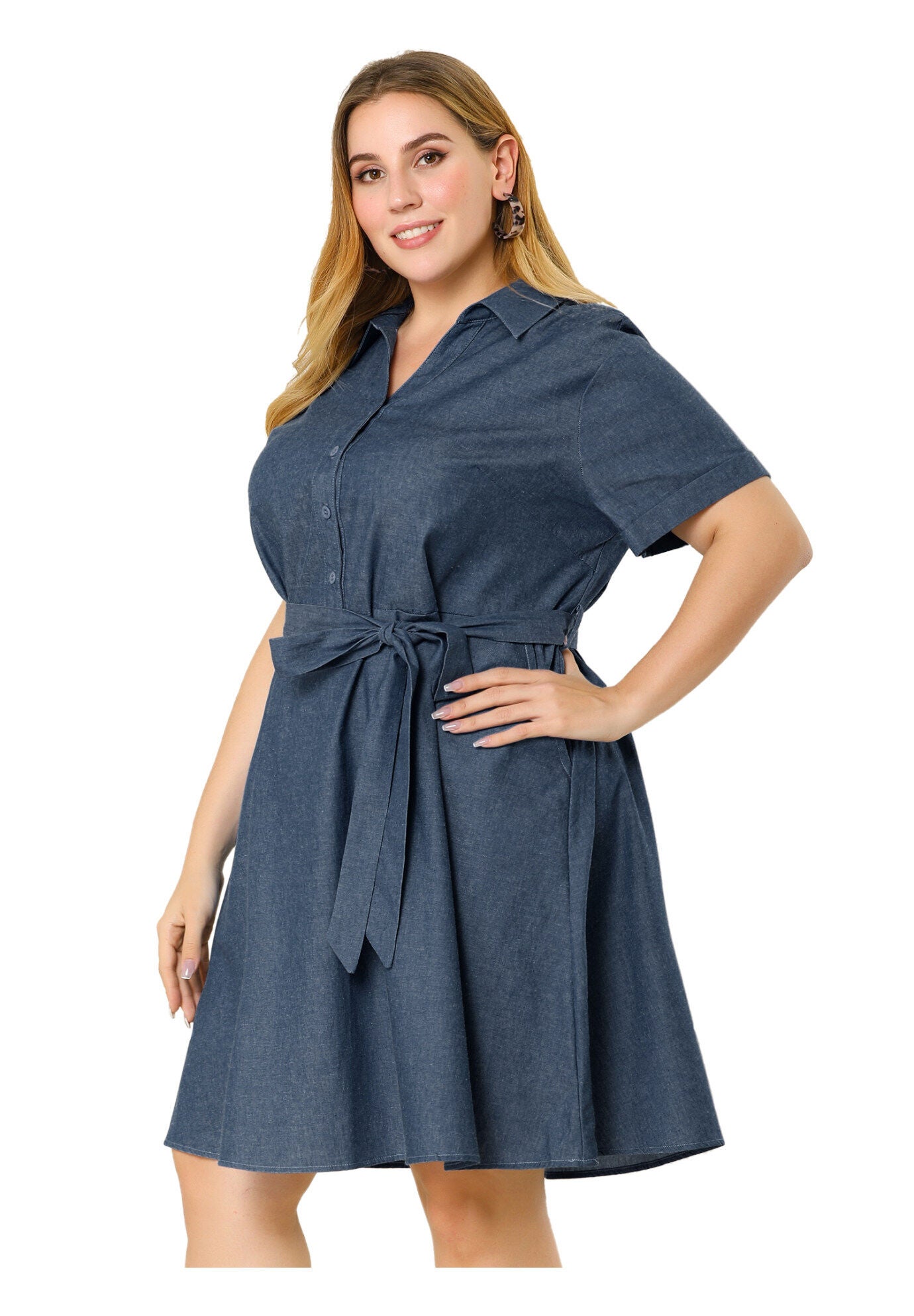 Buttons Belted Short Sleeves Chambray Dress, Dark Blue / Navy, alternate image number 3